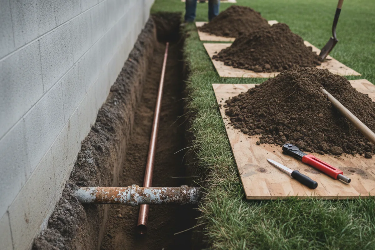 Excavated water line trench during Sewer Line Repair in Mackinaw